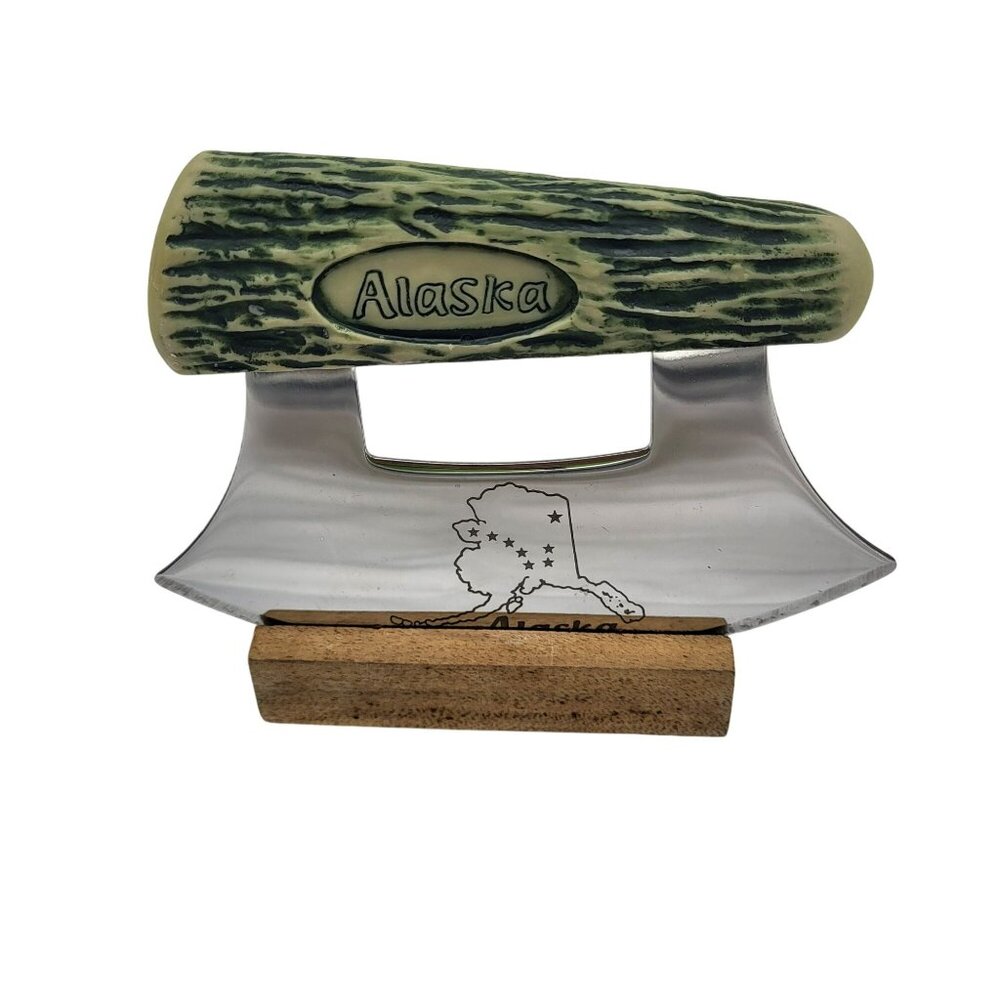 Ulu Co Alaska Knife Cultured Antler Handle Wood Stand Stainless Steel Blade